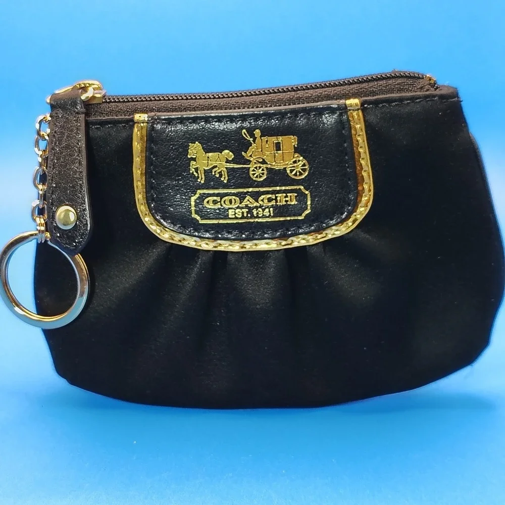 Coach Black Satin Coin Pouch with Gold Logo Trim